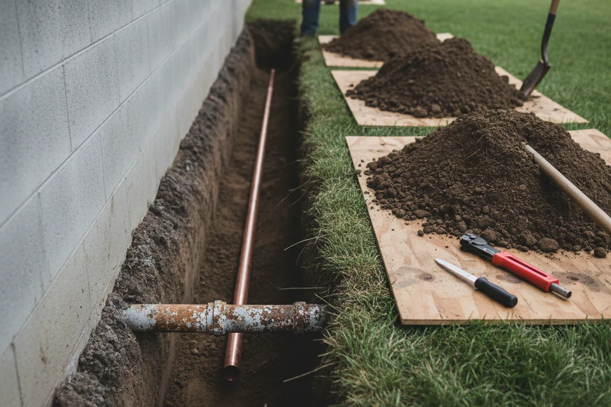 Excavated water line trench during Sewer Line Repair in Amo